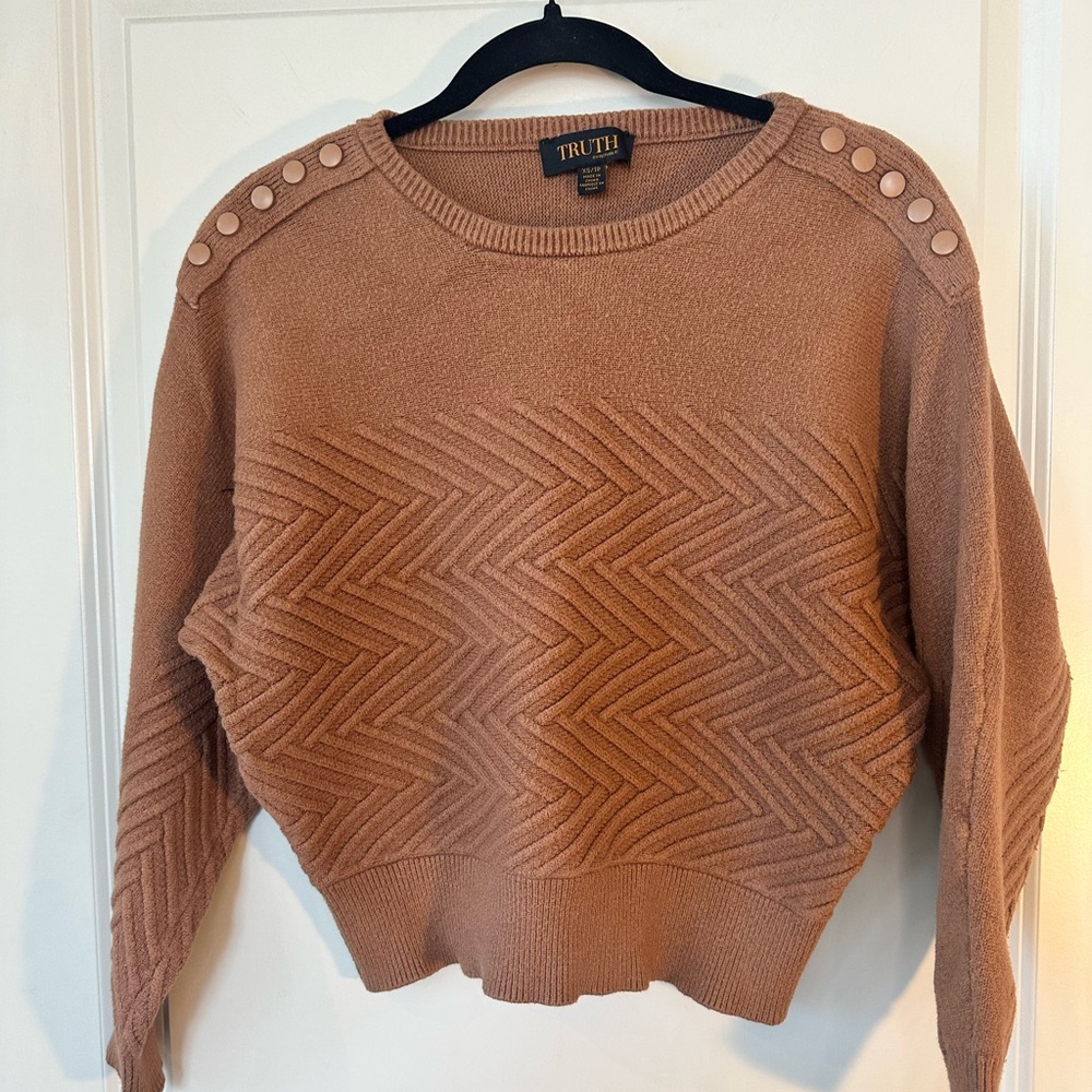 Truth By Republic Brown Crop Button Shoulder Sweater, Size XS